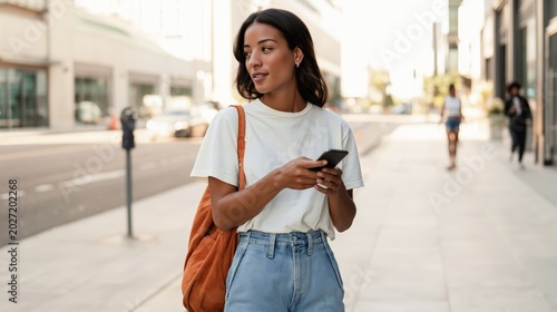 Woman in Casual Attire  Walking and Looking at Phone on City Street