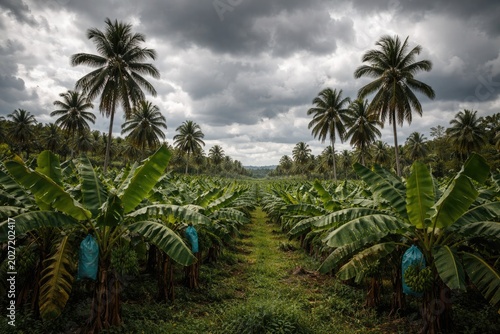 Banana plantation with towering palm trees beneath a thick cloudy sky in daytime copy space