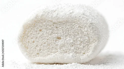 Panel kuchenny z motywem Close-up of soft white marshmallows dusted with powdered sugar, isolated on a white background. AI generated. 