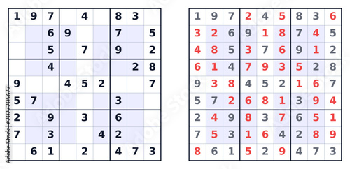 Bild auf Leinwand Sudoku puzzle grids, one partially filled and one completed
