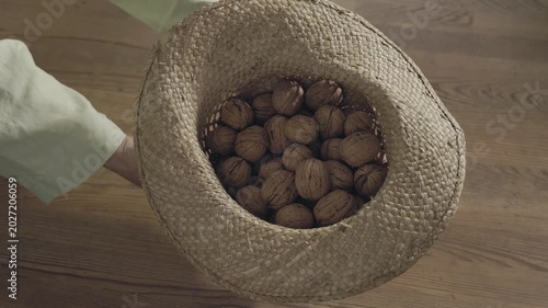 Straw hat full of walnuts
