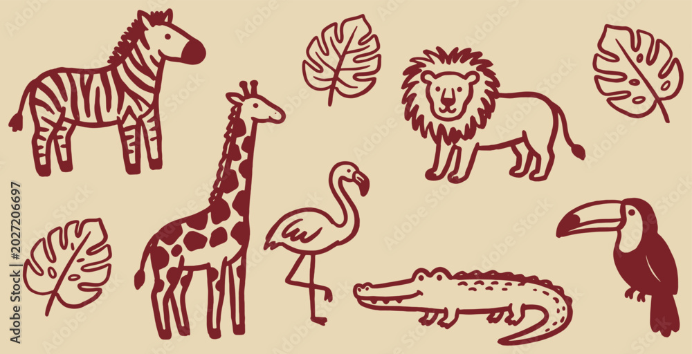 Fototapeta premium Hand drawn vector illustration of wild animals and tropical leaves, perfect for backgrounds and patterns.