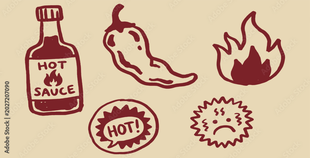 Ταπετσαρία Hot sauce and chili pepper doodles in red on tan background.