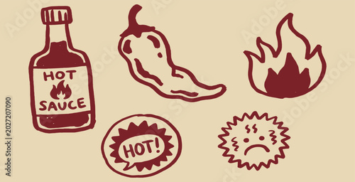 Obraz na płótnie Hot sauce and chili pepper doodles in red on tan background.