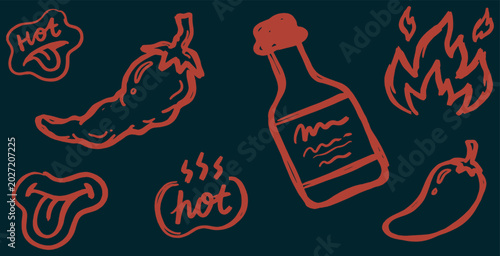 Tableau sur toile Hand-drawn illustration of hot sauce and chili peppers on a dark background