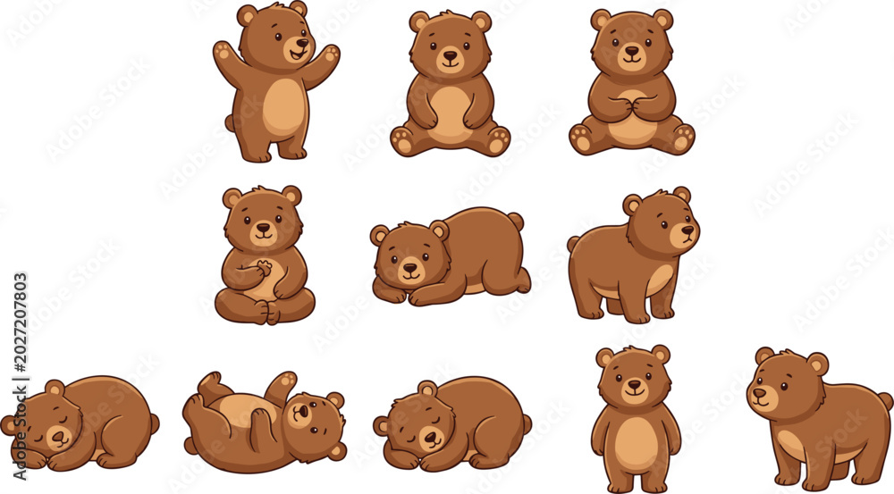 Φωτογραφία Cute Brown Bear Cub Vector Character Set in Various Poses for Children Illustrat