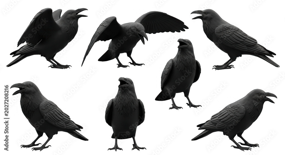 Fototapeta premium collection of stylized dark birds in different poses set against a bright clean white background for illustrative usage