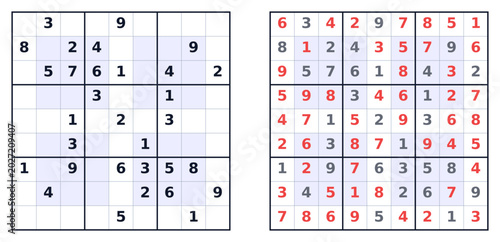 Bild auf Leinwand Sudoku puzzle template with solved example on white background