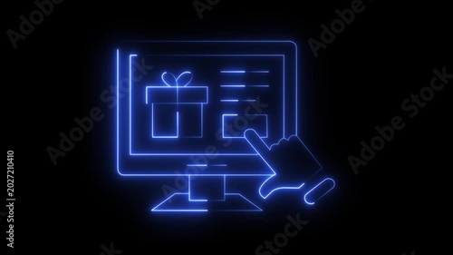 Blue neon animation of a computer screen with a gift box and clicking hand on a black background, e-commerce, online shopping, or customer reward