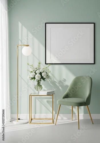 Modern living room interior with a green velvet chair, a gold side table with flowers, a floor lamp, and a blank picture frame on the wall