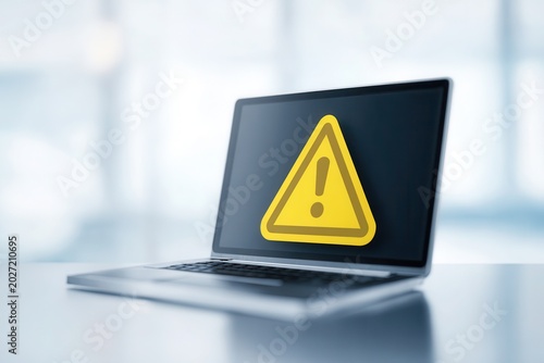 Laptop screen displays warning symbol in modern office