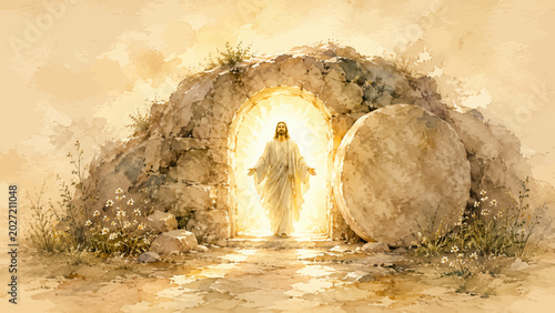 Fotografía A radiant watercolor painting of Jesus rising from the tomb surrounded by glowing Easter light in a peaceful biblical devotional style