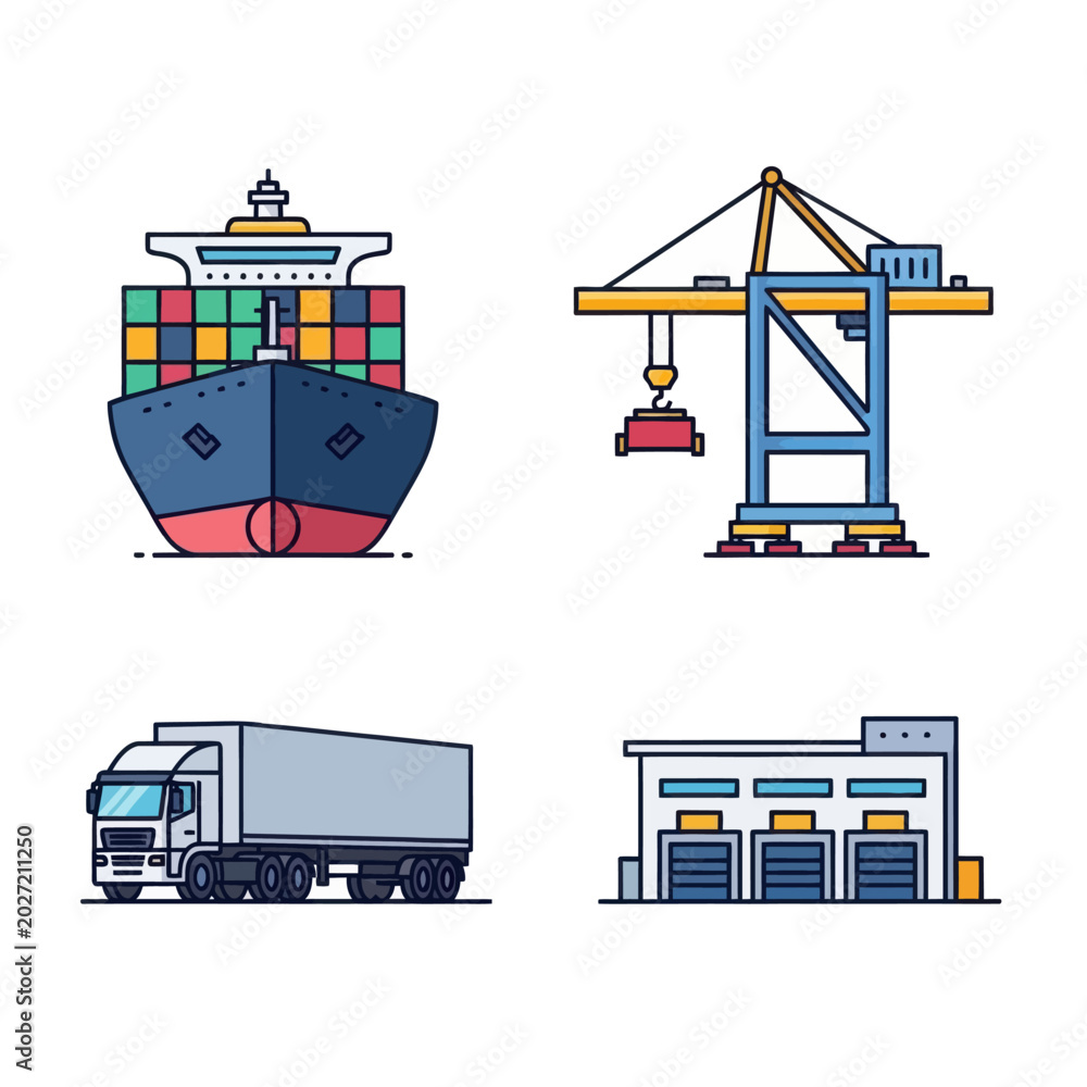 Fototapeta premium Cargo Ship, Crane, Truck, and Warehouse - Shipping and Logistics.