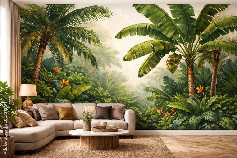 Fototapeta premium Vector design of a vibrant jungle interior mural highlighting banana trees and palm fronds