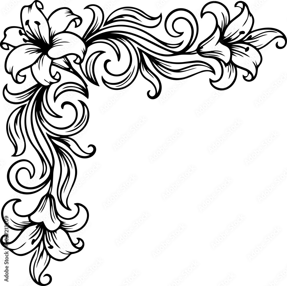 Fototapeta premium Elegant Lily Corner Border Design with Decorative Floral Foliage