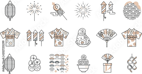 Foto Japanese Summer Festival Culture Icon Set featuring Traditional Floral Kimono, P