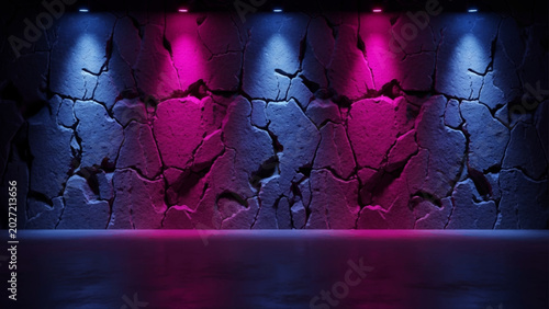 Cuadro en lienzo Cracked stone wall texture illuminated by alternating blue and magenta spotlight