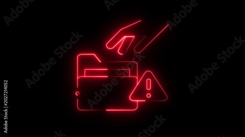 Red neon glowing animation of a hand accessing a file folder with a warning symbol, data breach, cyber security, threat, or information theft