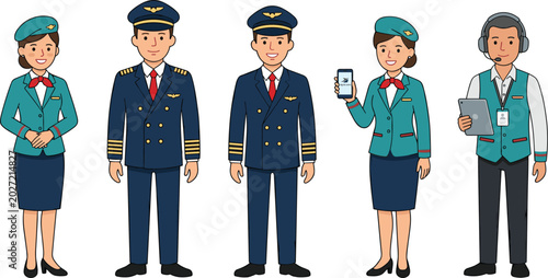 Bild auf Leinwand Airline Crew Vector Character Set with Pilots Flight Attendants and Ground Staff