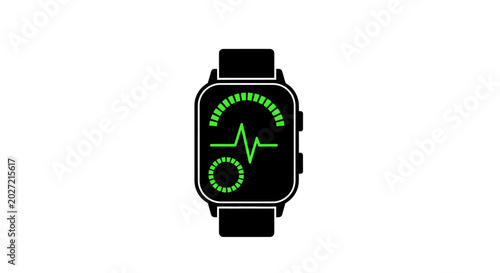 Smartwatch with green heart rate display.