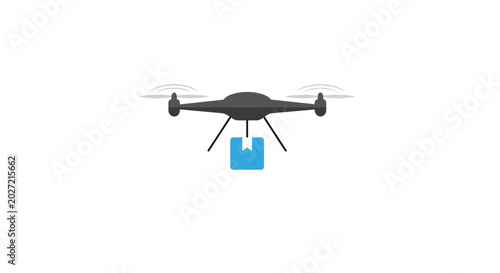 Drone carrying blue package down.