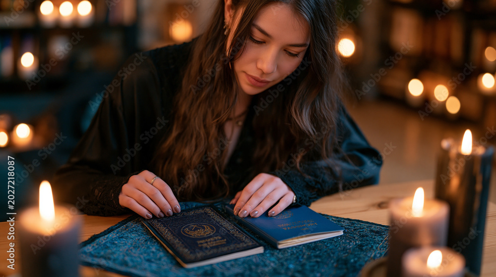 Fototapeta premium A young woman arranges two passports on a wooden table under candlelight, one traditional embroidery border and one modern blue cover, perfect for dual identity, cultural conflict, and contemporary 