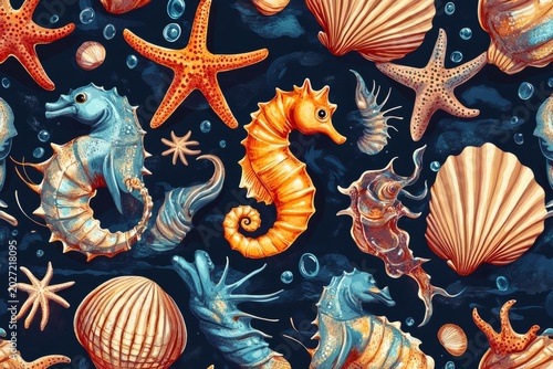 Seamless pattern featuring seahorses, seashells, and starfishes, creating a captivating underwater scene