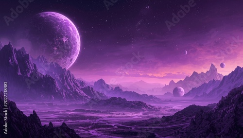 Fantasy Landscape with Purple Extraterrestrial Planets Mountainous Terrain, Surreal Mood