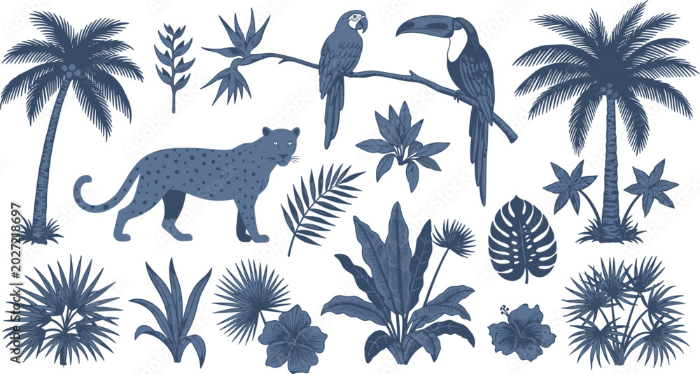 Fototapeta premium Tropical Rainforest Wildlife Icon Bundle featuring Leopard, Toucan and Parrot on Branch, Palm Trees, and Exotic Linocut Style Botanical Foliage