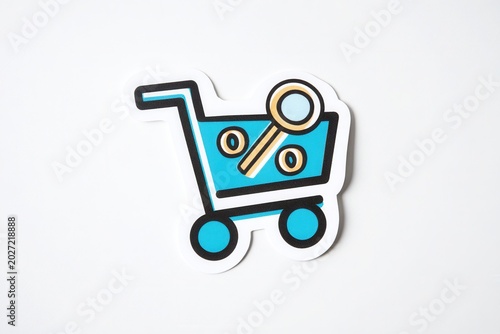 Shopping cart with magnifying glass and percentage symbols