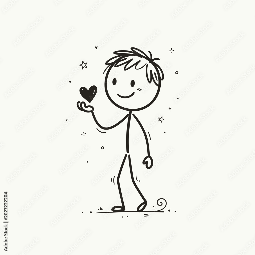 Ταπετσαρία Thoughtful stick figure man with messy hair gently holding a small black heart, conveying a melancholic mood in a bright studio
