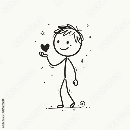 Φωτογραφία Thoughtful stick figure man with messy hair gently holding a small black heart, conveying a melancholic mood in a bright studio