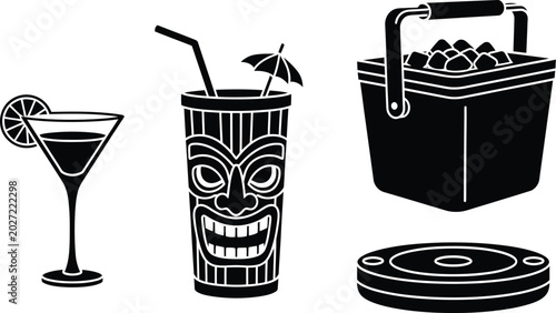Cocktail and party drink silhouette vector set with martini glass, tiki mug, cooler and record