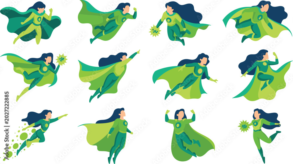 Obraz premium Female Superhero Vector Set with Woman in Green Costume and Cape Flying, Fighting, and Posing in Different Action Illustrations