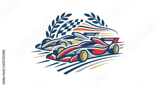 Foto Two racing cars compete on a track with checkered flags and laurel wreaths
