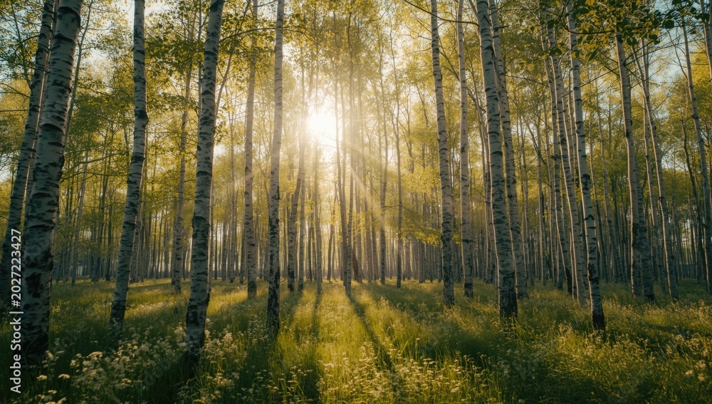 Fototapeta premium Bright and airy summer forest panorama with birch trees