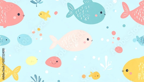 Cute Colorful Cartoon Fish Swimming in Pastel Underwater Pattern