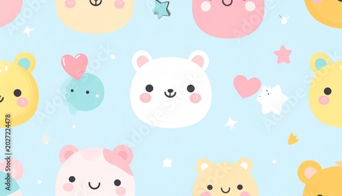 Cute Pastel Animal Faces Floating with Hearts and Stars on Blue Background