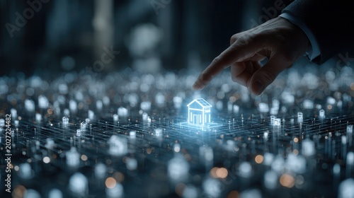 Businessman finger touching glowing house in digital network