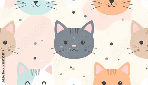 Cute Pastel Cat Faces Arranged in Playful Seamless Pattern