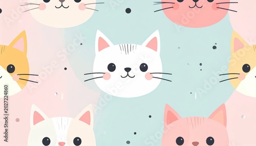 Cute Pastel Cat Faces Arranged on Playful Seamless Pattern Background