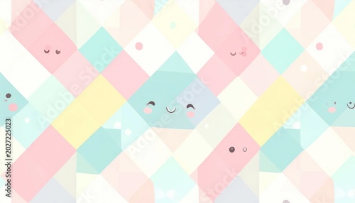 Cute Pastel Geometric Pattern with Smiling Shapes on White Background