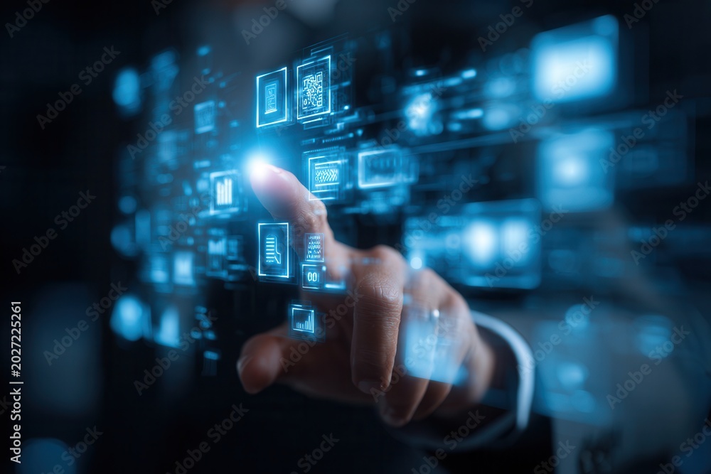 Fototapeta premium Hand touching futuristic digital interface with data charts