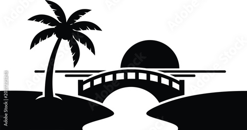 Fotografie Tropical Bridge Sunset Vector Silhouette with Palm Tree and River Landscape Art