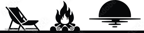 Beach camping silhouette vector set with lounge chair, campfire and sunset icon