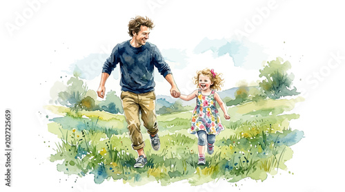 Konstfotografi Watercolor father, child illustration, happy family, outdoor scene, green landsc