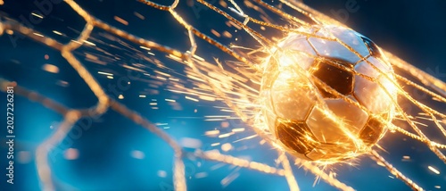 Golden soccer ball strikes net with sparks flying