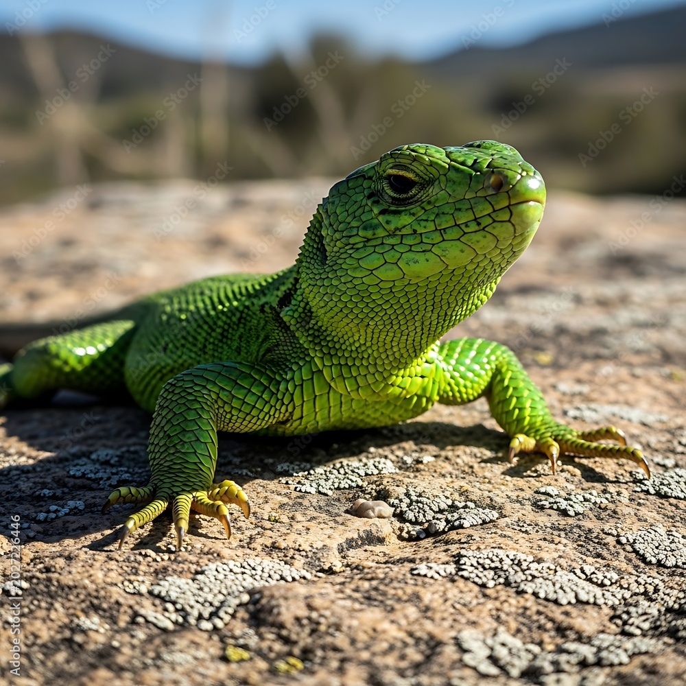 Fototapeta premium Green lizard on rocky ground.