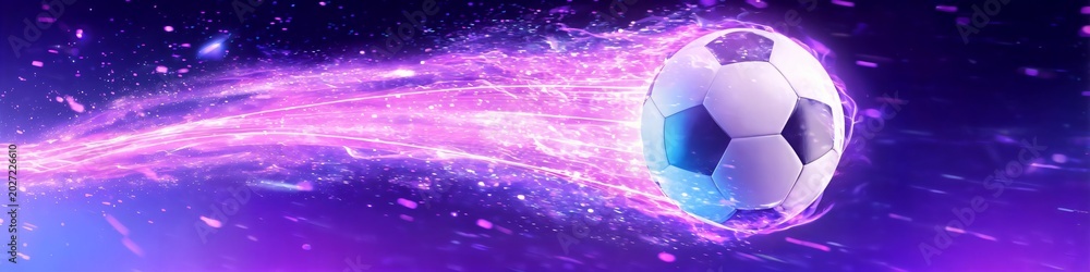 Naklejka premium Purple cosmic trail streaks behind a glowing soccer ball