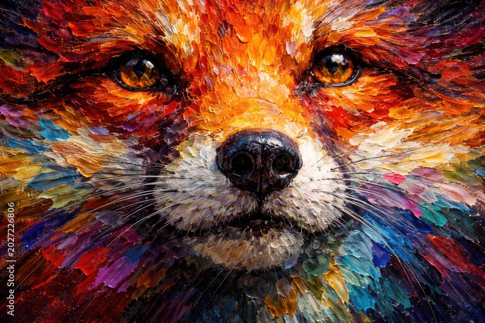 Naklejka premium Vivid oil painting of a fox snout with abstract rainbow hues on textured canvas